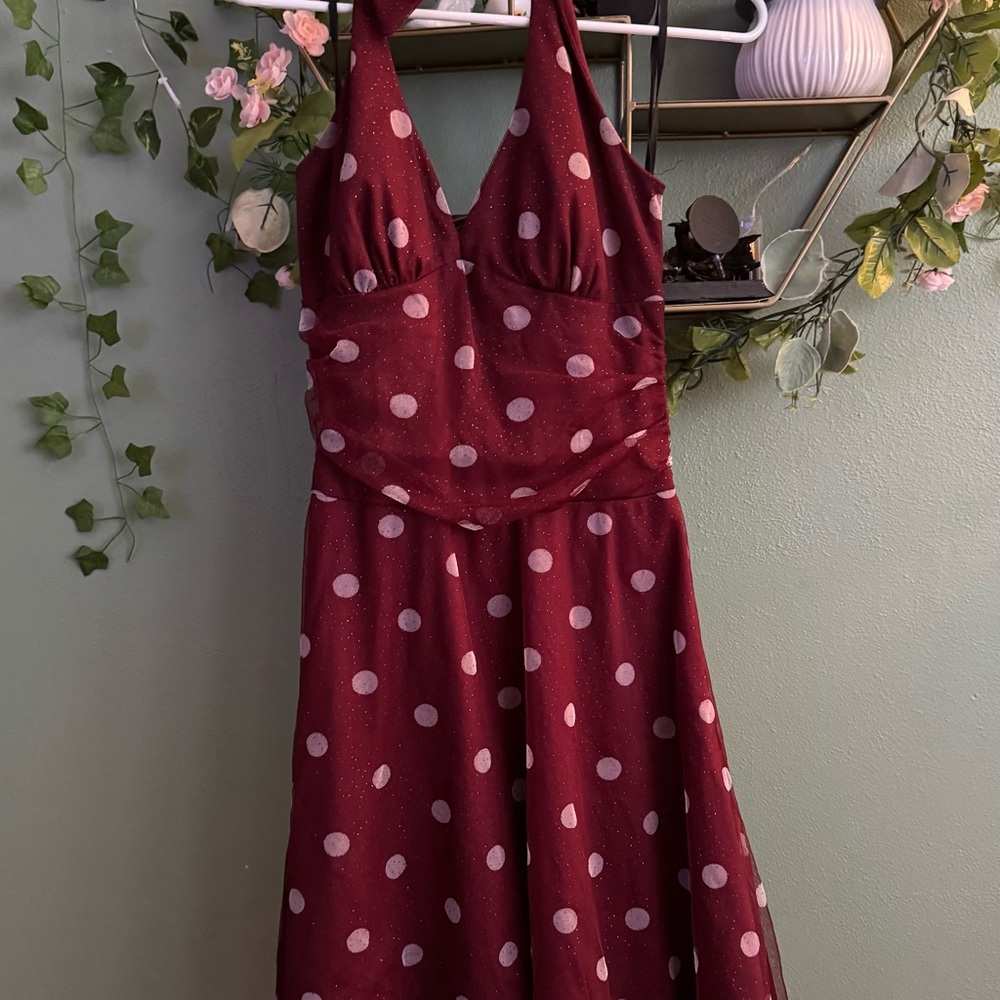 Ruby Rox Burgundy Polka Dot Midi Halter Dress